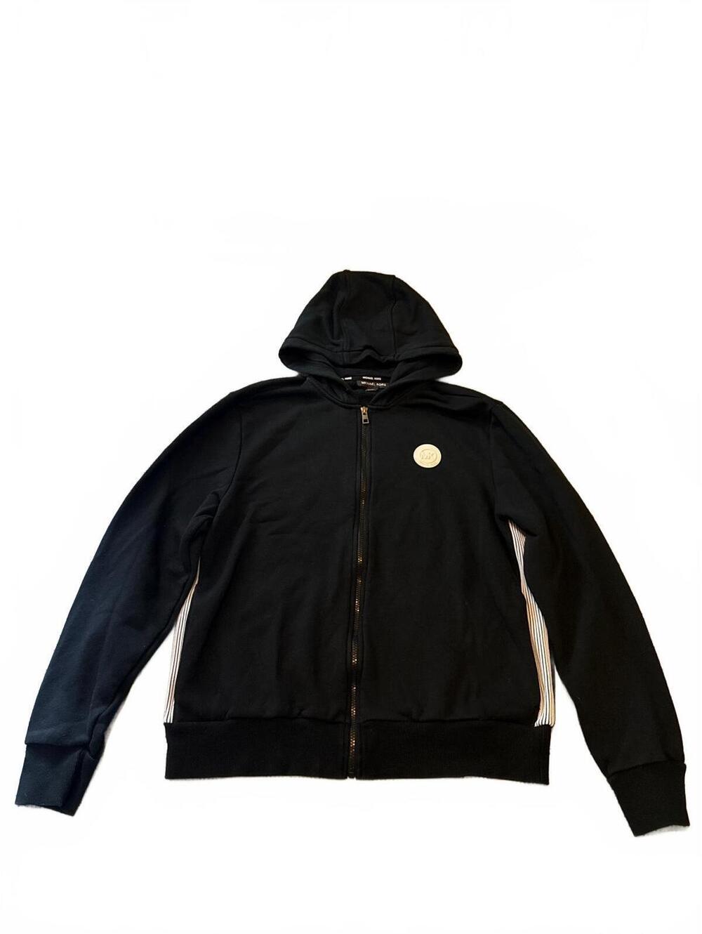 Michael Kors Mens Taped Full Zip Hoodie Jacket Size L Black Fleece Logo Patch